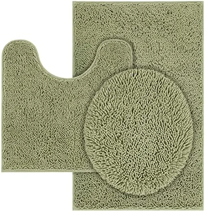 TREETONE Machine Washable Water Absorbent Bath Mat Bathroom Rugs Non Slip Soft Microfiber Mat (Set of 3-Medium 20" x 32"/Contour/Lid Cover, Sage Green)