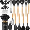 33 PCS Silicone Cooking Utensils Set, Kitchen Utensils Spatula Set with Holder, Wooden Handles Heat Resistant & BPA Free & Non-Toxic -Best Kitchen Gadgets Tools for Cookware(Black)