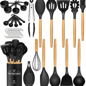 33 PCS Silicone Cooking Utensils Set, Kitchen Utensils Spatula Set with Holder, Wooden Handles Heat Resistant & BPA Free & Non-Toxic -Best Kitchen Gadgets Tools for Cookware(Black)