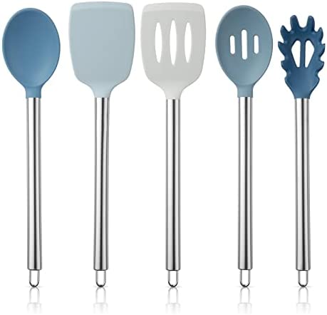 COOK WITH COLOR Silicone Cooking Utensils, 5 Pc Kitchen Utensil Set, Easy to Clean Silicone Kitchen Utensils, Cooking Utensils for Nonstick Cookware, Kitchen Gadgets Set (Blue and White)