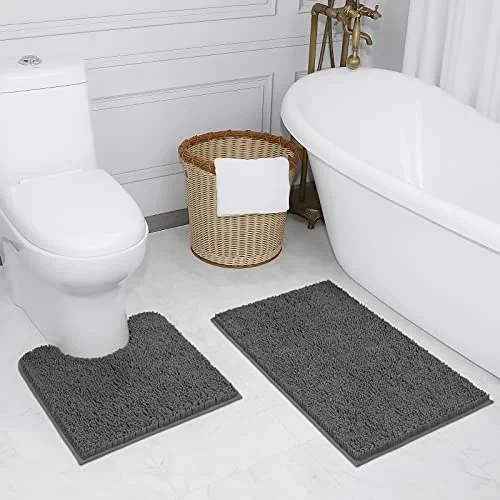 2pc Non-Slip Shaggy Chenille Bathroom Mat Set, Includes 20 x 20 Inches Toilet Contour Rug and 32 x 20 Inches Bathmat, Water Absorbent Carpet, Dark Gray