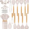 33 PCS Silicone Cooking Utensils Set, Kitchen Utensils Spatula Set with Holder, Wooden Handles Heat Resistant & BPA Free & Non-Toxic -Best Kitchen Gadgets Tools for Cookware(Khaki)