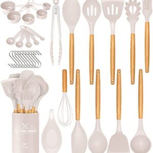 33 PCS Silicone Cooking Utensils Set, Kitchen Utensils Spatula Set with Holder, Wooden Handles Heat Resistant & BPA Free & Non-Toxic -Best Kitchen Gadgets Tools for Cookware(Khaki)