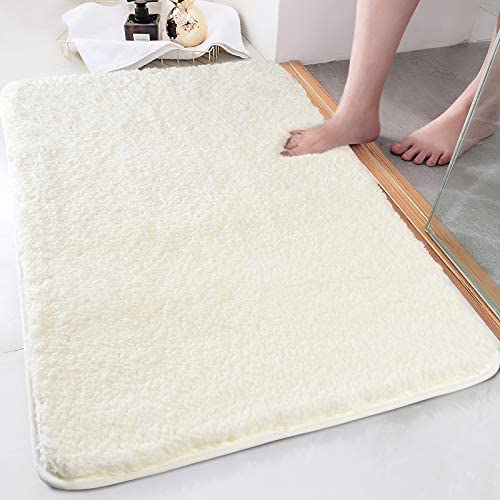 Bath Rug COSY HOMEER 32x20 Inch Non-Slip Soft Thickness Shaggy Water Absorbent Bathroom Carpet,100% Mirco Polyester,Machine Washable Rectangular Runner Area Rug Mats for Floor Kitchen(Ivory White)