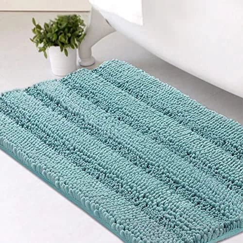 Bath Rugs for Bathroom Non Slip Bath Mats Extra Thick Chenille Striped Rug 20" x 32" Absorbent Non Skid Fluffy Soft Shaggy Washable Dry Fast Plush Mat for Indoor, Bath Room, Tub - Aqua Haze