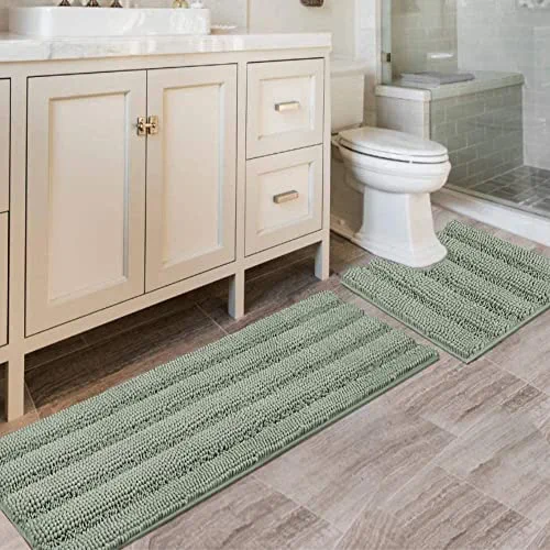 Bathroom Rugs Bath Rug Set 2 Piece Bathroom Contour Rug Toilet Mat Sets Non Slip Contour Bath Rug Set Ultra Thick Water Absorbent Striped Bath Mats Washable(47" x 17" Plus 20" x 20" U, Sage)