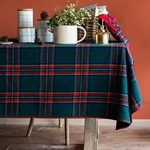 Besalily Christmas Tablecloth for Rectangle Table Christmas Party Festival ,140x220cm (55x87inch), Classic, Scottish Dark Green Plaid ,Wool, Washable