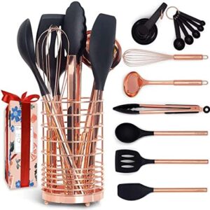 Black & Copper Kitchen Utensils with Copper Utensil Holder- 17PC Set: Measuring Cups and Spoons, Rose Gold Kitchen Utensils Set - Black and Copper Kitchen Accessories, Rose Gold Kitchen Accessories