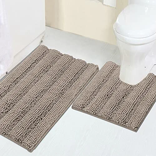 Chenille Bathroom Rugs Set Non-Slip Bath Mats for Bathroom Super Absorbent Shaggy Rugs for Tub Shower Toilet Soft Plush Bath Rug Plus U Shaped Contour Rug (Standard: 20" x 32" and 20" x 20" U), Taupe