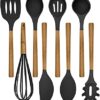 Country Kitchen Silicone Cooking Utensils, 8 Pc Kitchen Utensil Set, Easy to Clean Wooden Kitchen Utensils, Cooking Utensils for Nonstick Cookware, Kitchen Gadgets and Spatula Set - Black