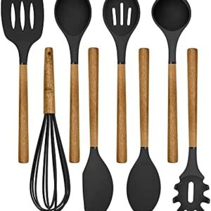 Country Kitchen Silicone Cooking Utensils, 8 Pc Kitchen Utensil Set, Easy to Clean Wooden Kitchen Utensils, Cooking Utensils for Nonstick Cookware, Kitchen Gadgets and Spatula Set - Black