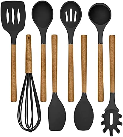 Country Kitchen Silicone Cooking Utensils, 8 Pc Kitchen Utensil Set, Easy to Clean Wooden Kitchen Utensils, Cooking Utensils for Nonstick Cookware, Kitchen Gadgets and Spatula Set - Black