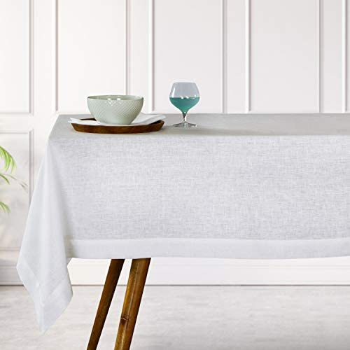 D'Moksha Homes White Tablecloth - 60 x 120 Inch, 100% Pure Linen Tablecloth 120 inches, Machine Washable, Rectangular Tablecloth for Summer