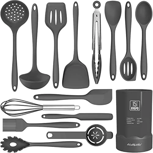 Dishwasher Safe Silicone Cooking Utensils Set - 446°F Heat Resistant Basic Silicone Kitchen Utensils,Turner Tongs, Spatula, Spoon, Brush, Whisk, Gadgets Tools for Nonstick Cookware (BPA Free - Grey)