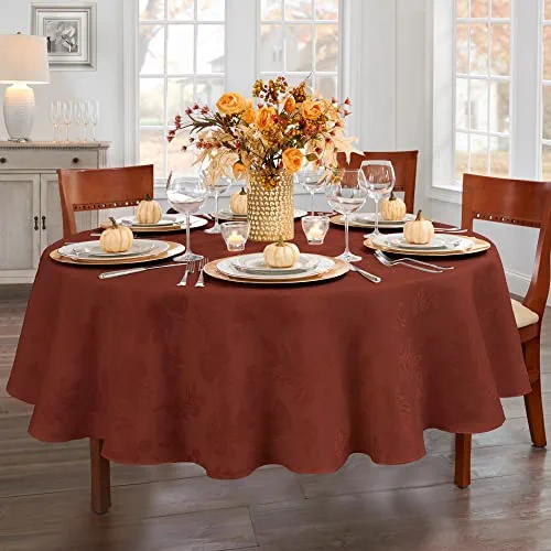 Elrene Home Fashions Elegant Woven Leaves Jacquard Damask Tablecloth, 90" x 90", Round, Spice Red