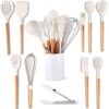 Five14 Kitchen Utensils Set - High Heat Resistant White Silicone Cooking Utensils Set with Silicone Spatula, Tongs, Ladle, Serving Spoons - Non-Stick, BPA Free Kitchen Utensils Set with Holder - 11 Pc
