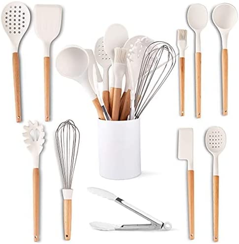 Five14 Kitchen Utensils Set - High Heat Resistant White Silicone Cooking Utensils Set with Silicone Spatula, Tongs, Ladle, Serving Spoons - Non-Stick, BPA Free Kitchen Utensils Set with Holder - 11 Pc
