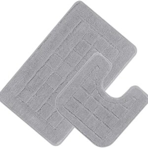 HEBE Bathroom Rugs Set 2 Piece Microfiber Bath Shower Mat and U-Shaped Toilet Rug Non Slip Absorbent Shaggy Bath Rug for Tub, Shower and Bath Room,Grey