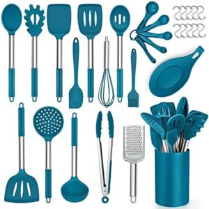 Herogo 30-Piece Cooking Utensils Set with Holder, Silicone Kitchen Utensils Set with Stainless Steel Handle, Heat Resistant Cooking Gadget Tools for Nonstick Cookware, Dishwasher Safe, Dark Blue