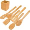 Kitchen Cooking Utensils Set - 6 Pieces Bamboo Wooden Spoons & Spatulas and 1 Holder as House Warming Presents, Heat Resistant for Non Stick Cookware