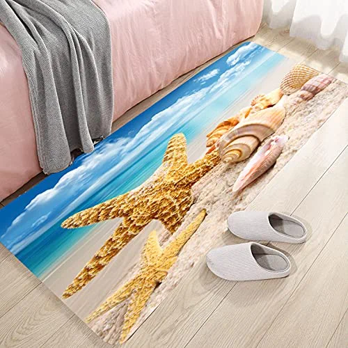 Non Slip Bath Rugs Sponge Foam for Bathroom,Durable Flannel Mat Bright 3D Print Rug, Clearance MatS for Forlaundry Room and Kitchen, Conch Beach Themed Decor carpt