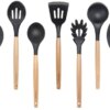 Patcus 7 pcs Silicone Cooking Utensils Set Kitchen Utensils with Wooden Handle Non-stick Cookware Set Spatula Spoon Set for Kitchen Bpa Free Heat-Resident Silicone Kitchen Gadgets (Black)