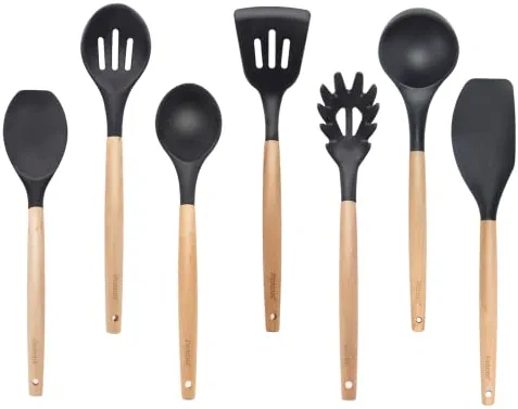 Patcus 7 pcs Silicone Cooking Utensils Set Kitchen Utensils with Wooden Handle Non-stick Cookware Set Spatula Spoon Set for Kitchen Bpa Free Heat-Resident Silicone Kitchen Gadgets (Black)