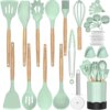 Silicone Cooking Kitchen Utensil Set, Fungun 26 pcs Cooking Utensils Set, Wooden Handle BPA Free Non Toxic Silicone Turner Tongs Spatula Spoon Kitchen Gadgets Utensil for Nonstick Cookware-Turquoise