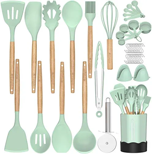 Silicone Cooking Kitchen Utensil Set, Fungun 26 pcs Cooking Utensils Set, Wooden Handle BPA Free Non Toxic Silicone Turner Tongs Spatula Spoon Kitchen Gadgets Utensil for Nonstick Cookware-Turquoise