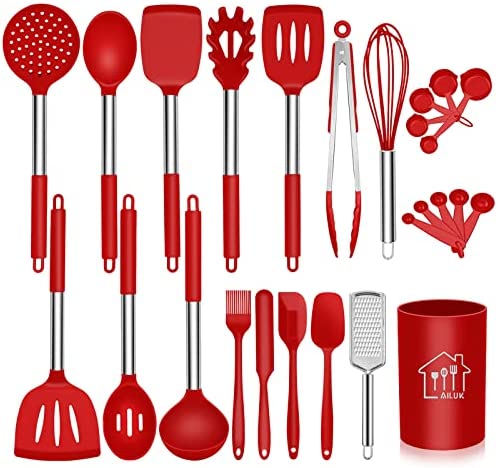 Silicone Cooking Utensil Set,Kitchen Utensils 26 Pcs Cooking Utensils Set,Non-stick Heat Resistant Silicone,Cookware with Stainless Steel Handle - Red