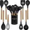 Silicone Kitchen Cooking Utensil Set, 9Pcs Kitchen Utensils Spatula Set with Wooden Handle for Nonstick Cookware, 446°F Heat Resistant Silicone Kitchen Gadgets Utensil Set with Large Holder（Black）