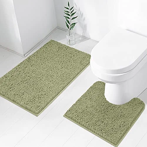 TREETONE Machine Washable Water Absorbent Bath Mat Bathroom Rugs Non Slip Soft Microfiber Mat (Set of 2-Medium 20" x 32"/Contour, Sage Green)