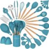 Umite Chef 36pcs Silicone Kitchen Cooking Utensils with Holder, Heat Resistant Cooking Utensils Sets Wooden Handle, Nonstick Kitchen Gadgets Tools Include Spatula Spoons Turner Pizza Cutter(Blue)