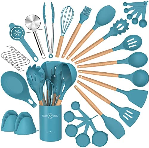 Umite Chef 36pcs Silicone Kitchen Cooking Utensils with Holder, Heat Resistant Cooking Utensils Sets Wooden Handle, Nonstick Kitchen Gadgets Tools Include Spatula Spoons Turner Pizza Cutter(Blue)