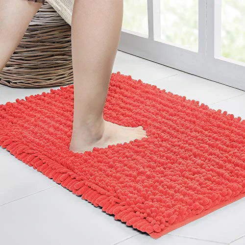 Walensee Bathroom Rug Non Slip Bath Mat (24x17 Inch Coral) Water Absorbent Super Soft Shaggy Chenille Machine Washable Dry Extra Thick Perfect Absorbant Best Small Plush Carpet for Shower Floor