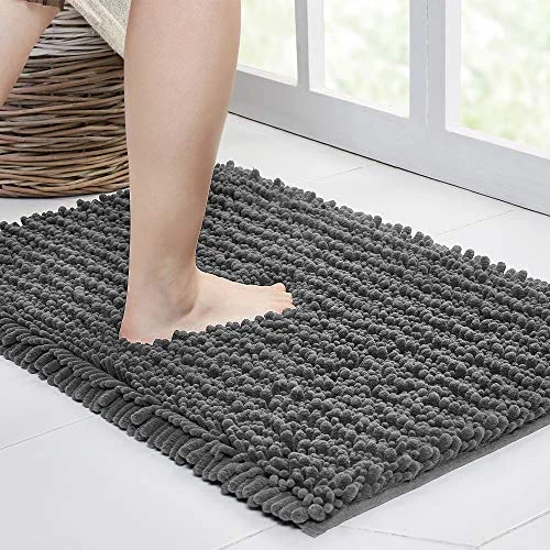 Walensee Bathroom Rug Non Slip Bath Mat (24x17 Inch Grey) Water Absorbent Super Soft Shaggy Chenille Machine Washable Dry Extra Thick Perfect Absorbant Best Small Plush Carpet for Shower Floor