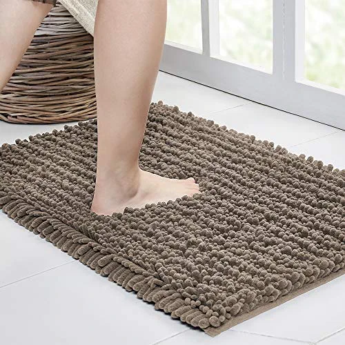 Walensee Bathroom Rug Non Slip Bath Mat (24x17 Inch Taupe) Water Absorbent Super Soft Shaggy Chenille Machine Washable Dry Extra Thick Perfect Absorbant Best Small Plush Carpet for Shower Floor