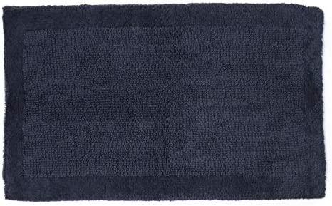 Welhome 100% Cotton Reversible Non Slip Bath Mat Rug | Deep Navy | 17" x 24"| Racetrack Pattern | Absorbent | Super Soft | Comfort | Quick Dry | Durable | Hotel Spa Bathroom Collection | Sustainable