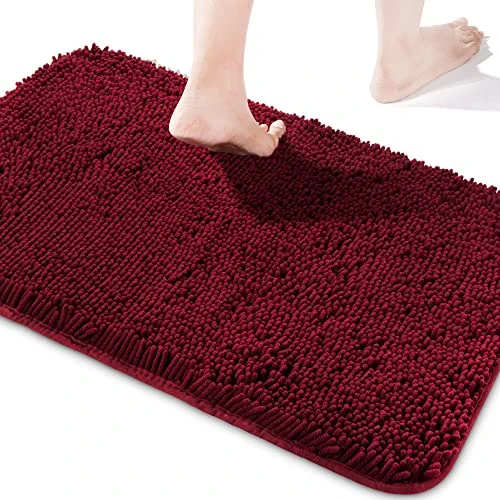 Yeaban Chenille Bathroom Rugs Non-Slip Thick Plush Bath Mat - Absorbent Washable Bath Rugs for Bathroom Shower Sink Carpet (Rose Red, 24" x 17")