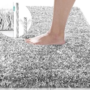 Yimobra Fluffy Plush Bath Rug, Super Shaggy Soft Comfortable Non Slip, Water Absorbent Microfiber Bath Mat, Dries Quickly, Machine Washable Thick Bathroom Floor Rugs for Shower, 32"x 20", Light Gray