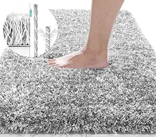 Yimobra Fluffy Plush Bath Rug, Super Shaggy Soft Comfortable Non Slip, Water Absorbent Microfiber Bath Mat, Dries Quickly, Machine Washable Thick Bathroom Floor Rugs for Shower, 32"x 20", Light Gray