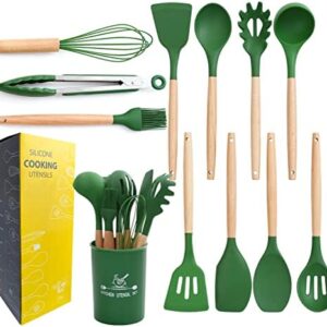 mossFlos Kitchen Cooking Utensils Set, 12 pcs Non-Stick Silicone Cooking Kitchen Utensils with Holder, Heat Resistant Kitchen Gadgets Utensil Set,Turner Tongs,Spatula,Spoon,Brush,Whisk.Dark Green